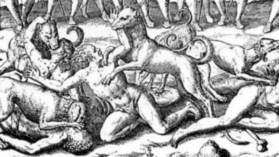 ਇੱਕ ਪੁਰਾਣਾ ਚਿੱਤਰ ਜਿਸ ਵਿੱਚ ਕੁੱਤਿਆਂ ਰਾਹੀਂ ਲੋਕਾਂ ਤ'ਏ ਅੱਤਿਆਚਾਰ ਕੀਤਾ ਜਾ ਰਿਹਾ ਹੈ