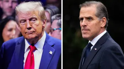 A composite image of Donald Trump and Hunter Biden. Donald Trump is on the left and wears a navy suit, white shirt and red tie. Hunter Biden is on the right and wears a dark suit and tie.