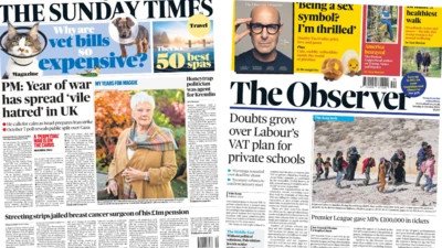 The front page of the Sunday Times and the Observer