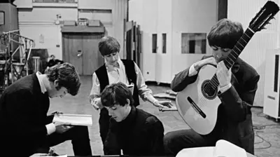 The Beatles during the filming of A Hard Day's Night