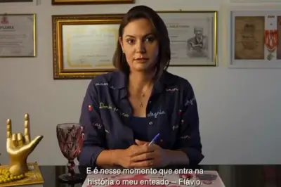 Michelle sentado em uma mesa com feição séria enquanto fala de Flávio Bolsonaro