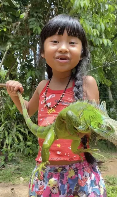 Fotografia colorida mostra a influencer Yandra Mawé, uma criança indígena, segurando uma iguana verde. Yandra sorri e tem uma trança no cabelo. O cenário ao fundo é de árvores e chão de terra.