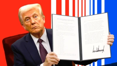 Donald Trump, seated, holds up an executive order that he has signed. The photo illusrtration has red and blue in the background with white stripes