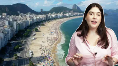 Julia Braun sobre imagem aérea de praia brasileira