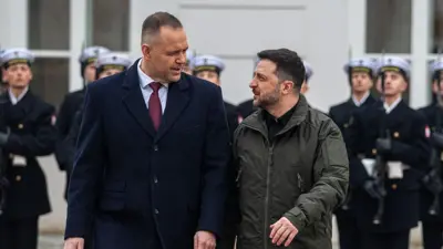 Навроцький (вищий, ліворуч) в офіційному пальто і Зеленський у мілітарі-куртці йдуть поруч і розмовляють, дивлячись один на одного, мружачи очі На задньому плані стоїть почесна варта у формі з кашкетами перед будівлею.