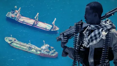Esta imagen compuesta muestra a un pirata portando un arma de alto calibre a la derecha y dos buques que fueron secuestrados recientemente a la izquierda.