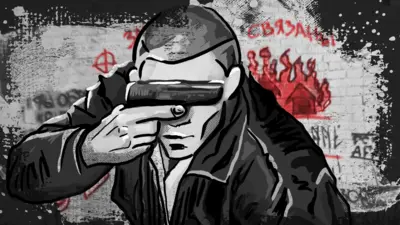 Рисунок, на котором изображен человек, закрывающий лицо пистолетом