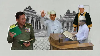 အစိမ်းရောင် ဖွဲ့စည်းပုံ စာအုပ်ကို ကိုင်ပြီး စကားပြောနေတဲ့ ဗိုလ်ချုပ်မှူးကြီး မင်းအောင်လှိုင်၊ စစ်ဗိုလ်ချုပ်ဟောင်းလည်းဖြစ် အမျိုးသားလွှတ်တော်ဥက္ကဋ္ဌ ဦးအောင်လင်းဒွေး၊ ၂၀၂၆ ခုနှစ်၊ ဧပြီလမှာ လွှတ်တော်မှာ သမ္မတ မိန့်ခွန်းပြောနေတဲ့ ဏီးမင်းအောင်လှိုင်တို့ ပေါင်းစပ် ဓာတ်ပုံ