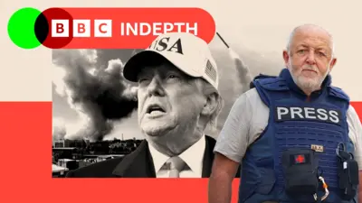 Trump in a USA hat, with another image in the background of smoke rising. A different image of Jeremy Bowen is to the side.