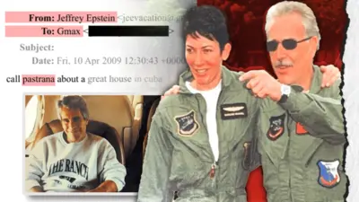 Mosaico de varias imágenes que muestran una foto de Jeffrey Epstein en un avión junto a Ghislaine Maxwell; y otra foto de Andrés Pastrana junto a Ghislaine Maxwell, ambos vestidos con uniforme de pilotos militares. También se ve la imagen de un correco electrónico de Jeffrey Epstein dirigido a Gmax en el que se menciona a Pastrana.