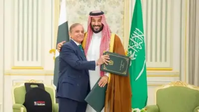 ولیعهد عربستان سعودی، محمد بن سلمان، و نخست‌وزیر پاکستان، شهباز شریف، در حالی که پرونده‌هایی در دست دارند، با لبخندی صمیمی در برابر دوربین ژست گرفته‌اند. یکی از دستان شهباز شریف بازوی بن سلمان را گرفته و یکی از دستان بن سلمان روی شانه شریف قرار دارد