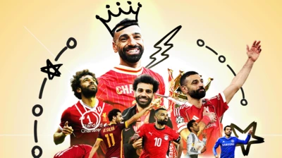 Footballer Mohamed Salah is shown at various stages of his career wearing the kits of his different clubs, and in many celebratory postures.