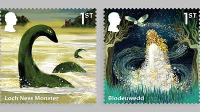 The stamp on the left depicts the Loch Ness Monster and the one on the right the woman conjured from flowers, Blodeuwedd, from Welsh mythology