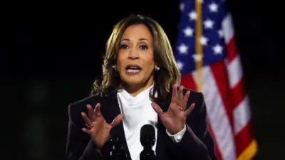 Kamala Harris speaks with her hands raised and American flags in the background. She is wearing a white blouse under a dark suit