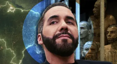 Bukele olhando para o lado. Atrás está a montagem de duas imagens, uma mostrando um mapa do Brasil e outra com pessoas presas