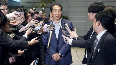 Japan's Agriculture, Forestry and Fisheries Minister Taku Eto speaks to the media after a meeting with Prime Minister Shigeru Ishiba over his controversial comments about receiving rice from supporters, Tokyo, Japan 19 May, 2025.