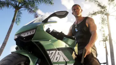 Cena de 'Grand Theft Auto 6', com homem armado ao lado de um a motocicleta