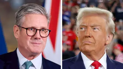 Sir Keir Starmer, pictured last month, wearing glasses in front of a union flag wearing a suit and green checked tie, alongside a separate image of Donald Trump, wearing a suit and red tie in front of his supporters