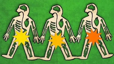 üç erkeği temsil eden çizimde penisler kapatılmış. Beyin ve kalpleri görülüyor. 