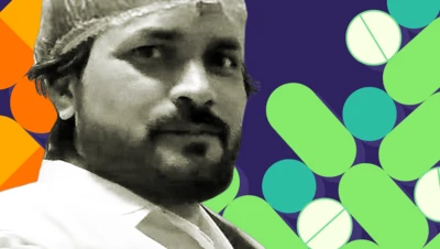 Vinod Sharma, wearing a hair net, on the left of the picture. The right-hand side of the image shows a graphic illustration of pills in green and white. 