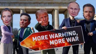 Activistas en Alemania con máscaras de Donald Trump, Alice Weidel, de Aleternativa por Alemania, Elon Musk, el presidente ruso Vladimir Putin y el vicepresidente de EE.UU. JD Vance.