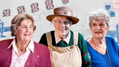 Three elderly women feature in this composite. The woman on the left is wearing a pink cardigan, the woman on the right is wearing a green jumper with a cream overall. The woman on the right is wearing a blue v-neck blouse. Behind them you can see bunting. 
