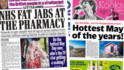 The headline on the front page of the Daily Mail reads "NHS fat jabs at the pharmacy" and the headline on the front page of Metro reads "hottest May of the years!"