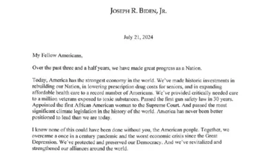 バイデン米大統領が再選を目指さないと発表した手紙の一部