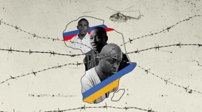 Montage de prisonniers africains détenus en Ukraine. Ils sont insérés dans une carte de l'Afrique.