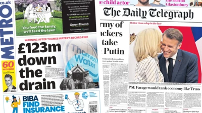 The headline on the front of Metro reads "£123m down the drain" and a photo of French President Emmanuel Macron being kissed by his wife Brigitte is captioned "better than a slap in the face" on the front page of The Daily Telegraph.