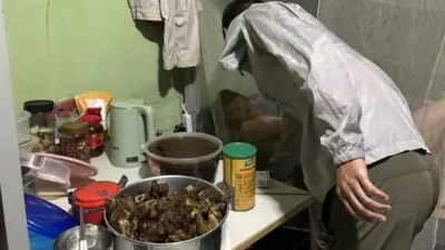 Pessoa se aproxima para falar com trabalhador deitado em uma cama coberta por um mosquiteiro e próxima a uma mesa cheia de comida, com uma panela com carne