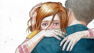 Ilustração mostra um homem de cabelos grisalhos e camisa azul, visto de costas, segurando no colo uma menina de cabelos ruivos, com os braços cortados e alguns band-aids nos antebraços, com olhos chorosos