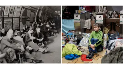 Слева: лондонцы укрываются от немецких бомб на станции «Пикадилли Серкус», 1940 г. Справа: жительница Харькова на станции метро «Героев труда», 21 мая 2022 г.