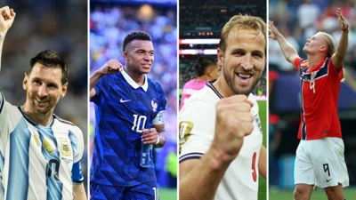 Montagem de Messi, Mbappé, Kane e Haaland. 