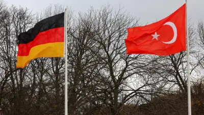 Türkiye ve Almanya bayrakları yanyana gönderde arka planda yapraksız bir ağaç var. 