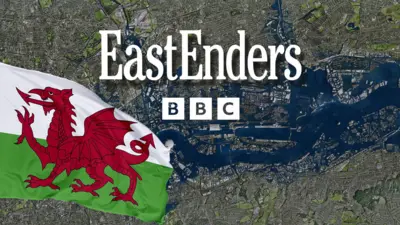 Logo Eastenders a'r ddraig goch 