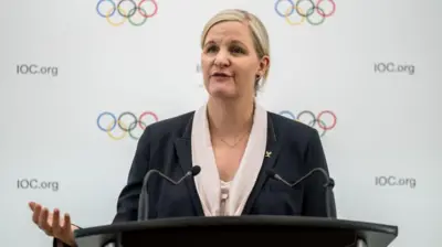 IOC president Kirsty Coventry giving a speech
