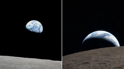 Duas imagens da Terra: uma tirada pela missão Apollo 8 e a outra pela missão Artemis.