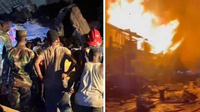 Building collapse and another building on fire