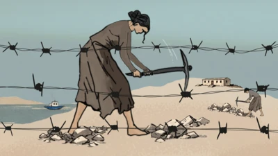 Žena u sivoj haljini na ostrvu tuca kamen