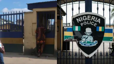 Aworan agọ ọlọpaa kan lapa ọtun pẹlu eeyan kan to duro lẹnu iloro rẹ, lapa osi aworan oke yii ni aworan idanimọ ọlọpaa ti wọn fi kọ ẹnu iloro agọ ọlọpaa kan wa lapa ọtun.