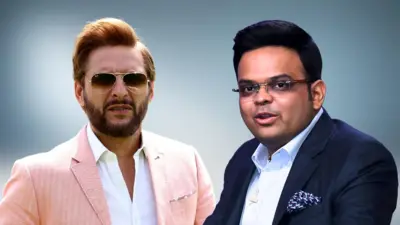 शाहिद अफ़रीदी ने आईसीसी के फ़ैसले पर सवाल खड़े किए हैं, तस्वीर में- शाहिद अफ़रीदी (बाएं) और आईसीसी के चेयरमैन जय शाह (दाएं) 