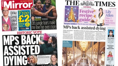 The front page of the Daily Mirror reads: MPs back assisted dying and the front page of the Times reads: MPs back assisted dying