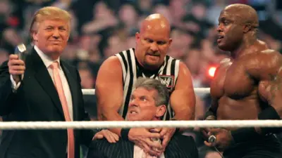 Donald Trump appears with wrestlers during a WWE broadcast in 2007