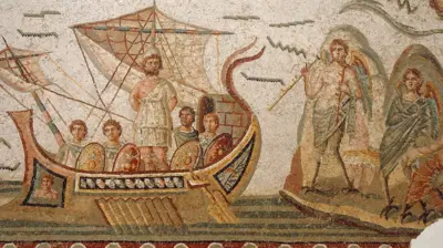 Mosaico romano que muestra a Odiseo en un barco, amarrado al asta, mientras escucha el canto de las sirenas. Museo Bardo, Túnez