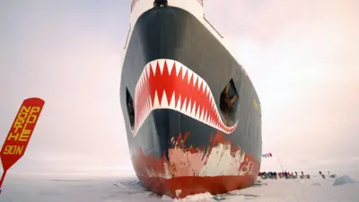 На заднем плане - небо, затянутое облаками. На среднем плане - нос ледокола. На нем нарисована оскаленная пасть. Справа от ледокола стоит толпа людей на льду. Слева - красная табличка, на которой желтыми буквами написано по-английски "Северный полюс"