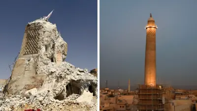 An image of the destroyed al-Hadba minaret sits side by side with another image of the newly-restored minaret rising into the sky