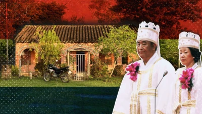 ilustración de una casa de Puerto Casado con la imagen sobreimpuesta de los fundadores de la secta Moon 