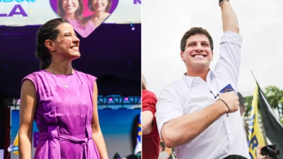 Montagem com Raquel Lyra e João Campos sorrindo