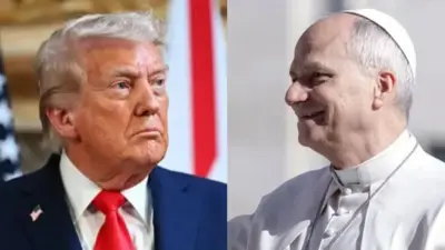 Donald Trump wọ kootu buluu pẹlu ẹwu funfun ati tai pupa, Poopu Leo XIV wọ aṣọ funfun ati fila funfun